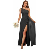 Summer Women's One Shoulder Pleated Long Chiffon Bridesmaid Dress High Split Party Gown