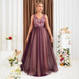 Winter Women's V Neck Double Mesh Long Dress for Dinner & Formal Party Evening Gown