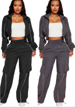 Casual Striped Zip Jacket Cargo Pocket Straight Leg Pants Two-Piece Set
