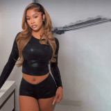Autumn & Winter Women's Round Neck Shiny Cropped Pullover Open Waist Top Tight SLim Shorts Set