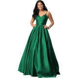 Women's Strap Deep V Neck Long Satin Dress Prom Formal Party Evening Gown