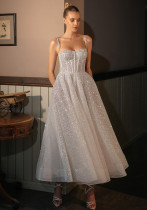 Women's Strap Silver Spray Short Puffy Wedding Dress