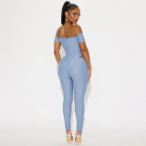 Autumn Women's Off Shoulder Solid Color Cutout Open Waist Short Sleeve Jumpsuit