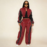 Casual Color Block Patchwork Shirred Slim Waist Zip Top Straight Leg Drawstring Pants Two-Piece Set