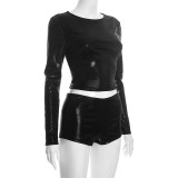 Autumn & Winter Women's Round Neck Shiny Cropped Pullover Open Waist Top Tight SLim Shorts Set