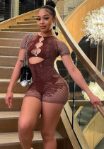 Spring Women's Round Neck 3/4 Sleeve Slim Fit Cutout Knitted Short Jumpsuit