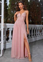 Women's Luxury Pink Slim Fit V Neck Split Long Dress Formal Party Evening Gown
