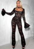 Autumn & Winter Women's Solid Color Sexy Cutout Bell Bottom Long Sleeve Slim Waist Lace Jumpsuit