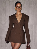 Autumn & Winter Women's Fashion Solid Color Deep V Neck Slim Waist Chic Blazer Dress