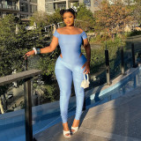 Autumn Women's Off Shoulder Solid Color Cutout Open Waist Short Sleeve Jumpsuit
