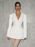 Autumn & Winter Women's Fashion Solid Color Deep V Neck Slim Waist Chic Blazer Dress