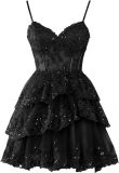Women's Strap Tulle Layered Short Prom Dress Shiny Lace Tight Fitting Formal Party Gown