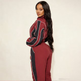 Casual Color Block Patchwork Shirred Slim Waist Zip Top Straight Leg Drawstring Pants Two-Piece Set