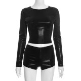 Autumn & Winter Women's Round Neck Shiny Cropped Pullover Open Waist Top Tight SLim Shorts Set