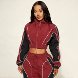 Casual Color Block Patchwork Shirred Slim Waist Zip Top Straight Leg Drawstring Pants Two-Piece Set