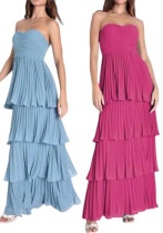 Women's Fashion Sexy Solid Color Sleeveless Strapless Shirred Ruffle Long Dress