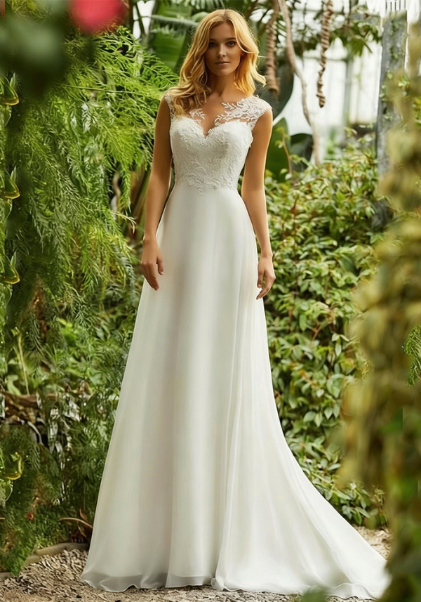 Women's Chic Straps Lace V Neck White Train Wedding Dress