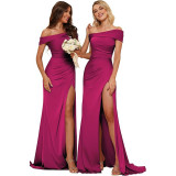 Women's Satin Mermaid Bridesmaid Dress Off Shoulder Split Train Evening Gown