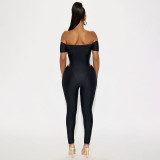 Autumn Women's Off Shoulder Solid Color Cutout Open Waist Short Sleeve Jumpsuit