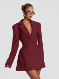 Autumn & Winter Women's Fashion Solid Color Deep V Neck Slim Waist Chic Blazer Dress
