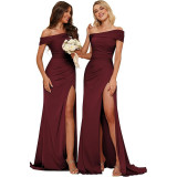 Women's Satin Mermaid Bridesmaid Dress Off Shoulder Split Train Evening Gown