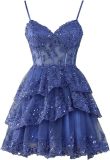 Women's Strap Tulle Layered Short Prom Dress Shiny Lace Tight Fitting Formal Party Gown