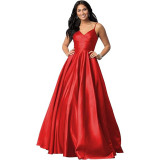 Women's Strap Deep V Neck Long Satin Dress Prom Formal Party Evening Gown