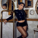 Autumn & Winter Women's Round Neck Shiny Cropped Pullover Open Waist Top Tight SLim Shorts Set