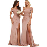 Women's Satin Mermaid Bridesmaid Dress Off Shoulder Split Train Evening Gown