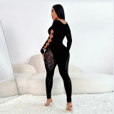 Winter Women's Solid Color Round Neck Lace Knitted Slim Fit Rhinestone Jumpsuit