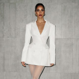 Autumn & Winter Women's Fashion Solid Color Deep V Neck Slim Waist Chic Blazer Dress