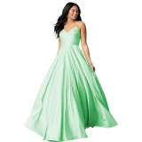 Women's Strap Deep V Neck Long Satin Dress Prom Formal Party Evening Gown
