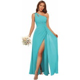 Summer Women's One Shoulder Pleated Long Chiffon Bridesmaid Dress High Split Party Gown