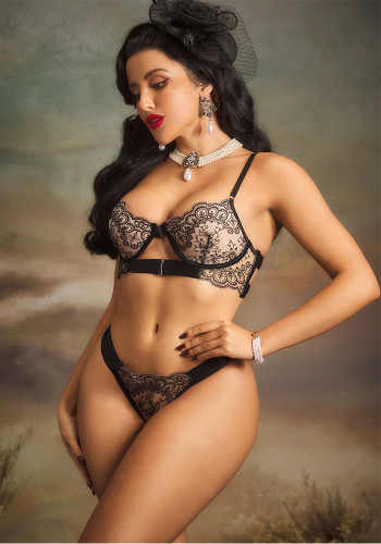 Women's Lingerie Floral Embroidered Metal Buckle Sexy See-Through Front Closure Bra Set