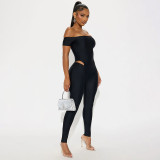 Autumn Women's Off Shoulder Solid Color Cutout Open Waist Short Sleeve Jumpsuit