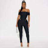 Autumn Women's Off Shoulder Solid Color Cutout Open Waist Short Sleeve Jumpsuit