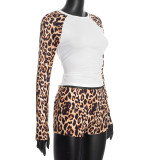 Autumn & Winter Women's Round Neck Leopard Print Pullover High Waist Tight Slim Shorts Set