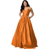 Women's Strap Deep V Neck Long Satin Dress Prom Formal Party Evening Gown