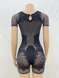 Spring Women's Round Neck 3/4 Sleeve Slim Fit Cutout Knitted Short Jumpsuit