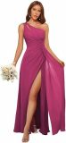 Summer Women's One Shoulder Pleated Long Chiffon Bridesmaid Dress High Split Party Gown