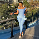 Autumn Women's Off Shoulder Solid Color Cutout Open Waist Short Sleeve Jumpsuit
