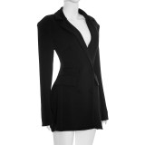 Autumn & Winter Women's Fashion Solid Color Deep V Neck Slim Waist Chic Blazer Dress