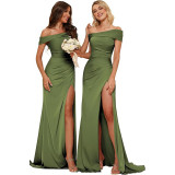 Women's Satin Mermaid Bridesmaid Dress Off Shoulder Split Train Evening Gown