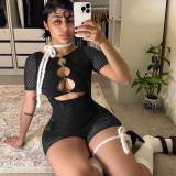 Spring Women's Round Neck 3/4 Sleeve Slim Fit Cutout Knitted Short Jumpsuit
