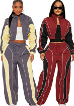 Casual Color Block Patchwork Shirred Slim Waist Zip Top Straight Leg Drawstring Pants Two-Piece Set