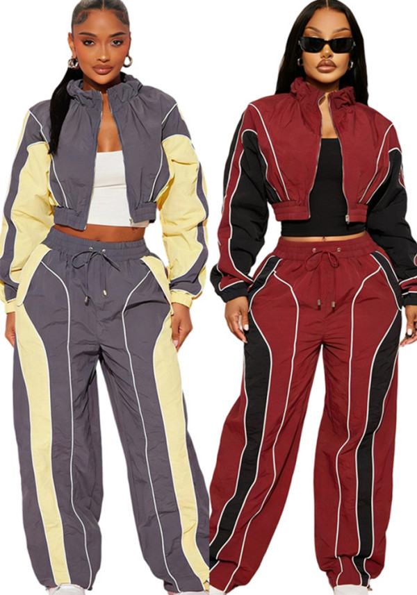 Casual Color Block Patchwork Shirred Slim Waist Zip Top Straight Leg Drawstring Pants Two-Piece Set