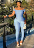 Autumn Women's Off Shoulder Solid Color Cutout Open Waist Short Sleeve Jumpsuit
