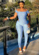 Autumn Women's Off Shoulder Solid Color Cutout Open Waist Short Sleeve Jumpsuit