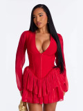 Women's V Neck Slim Waist Ruffle Chic Tiered Mini Dress
