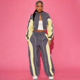 Casual Color Block Patchwork Shirred Slim Waist Zip Top Straight Leg Drawstring Pants Two-Piece Set